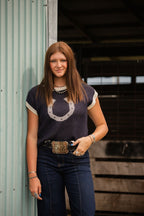 Horseshoe Short Sleeve Knit Sweater - Cowhide and Conchos