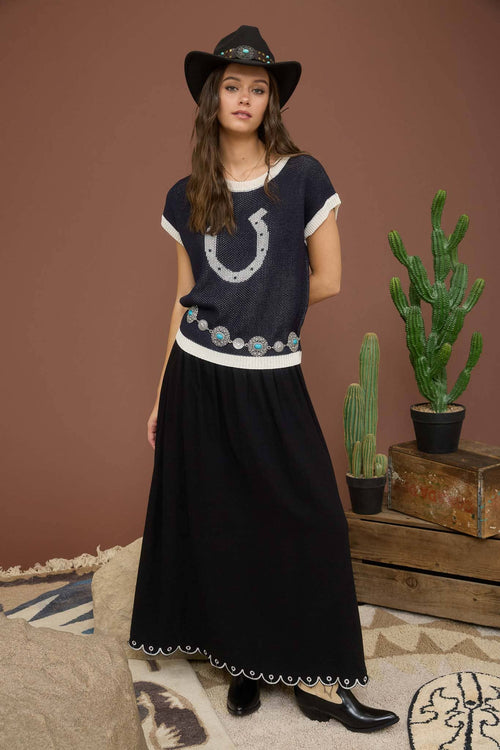 Horseshoe Short Sleeve Knit Sweater - Cowhide and Conchos