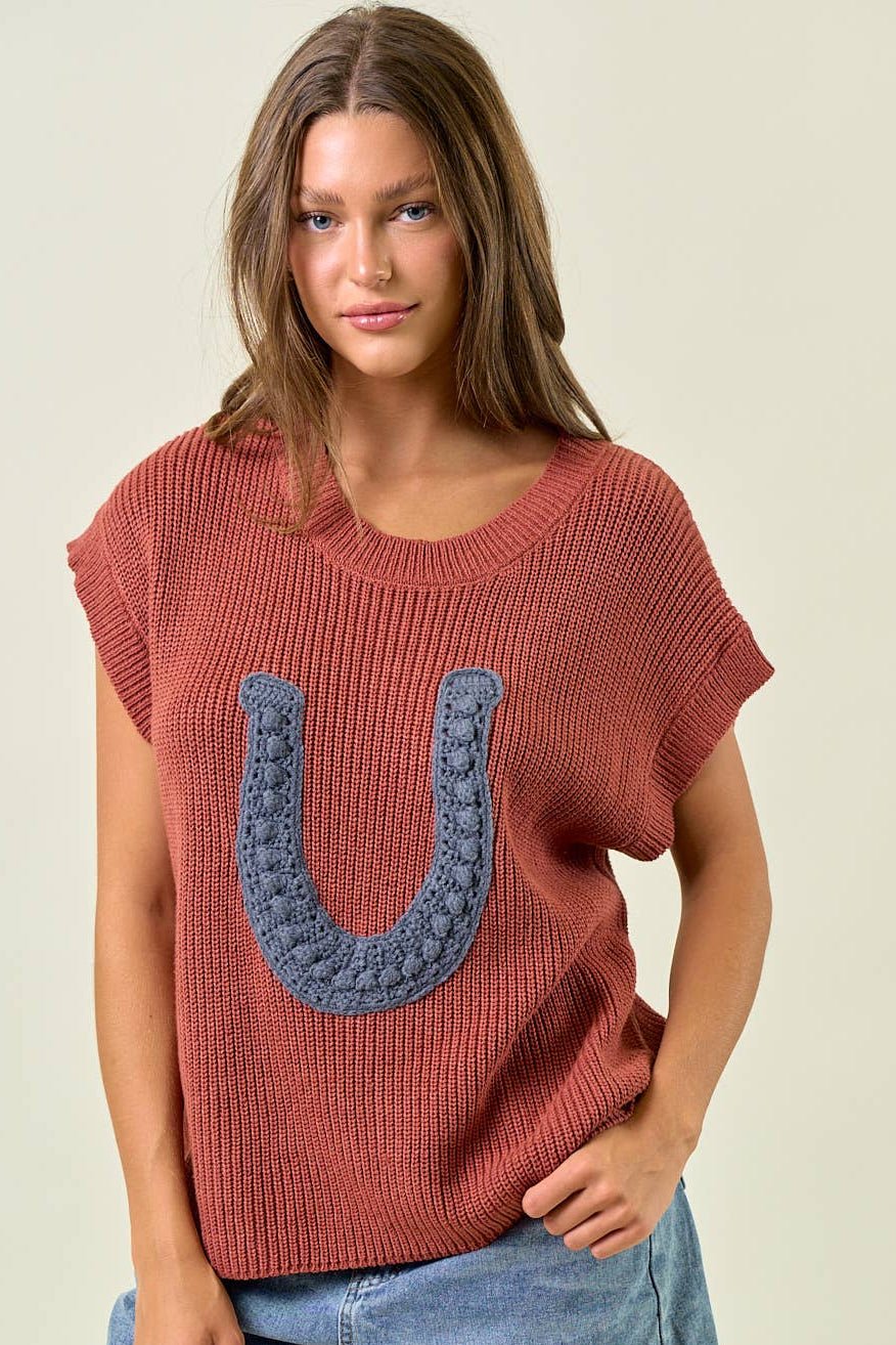 Horseshoe Sweater Vest - Cowhide and Conchos