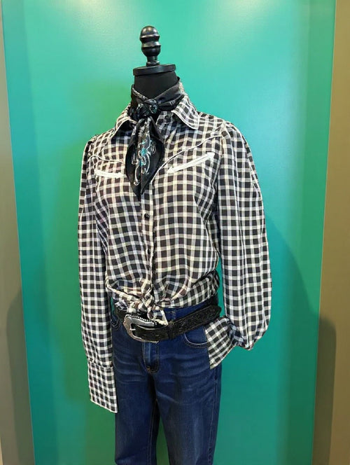 Howdy Hanny Black Long Sleeve Pearl Snap Shirt - Cowhide and Conchos