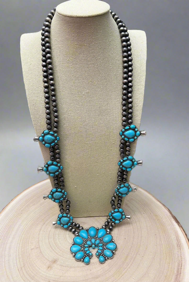 Huge Double Strand Faux Turquoise Squash Blossom Statement Necklace - 32 inch + 3 - Cowhide and Conchos