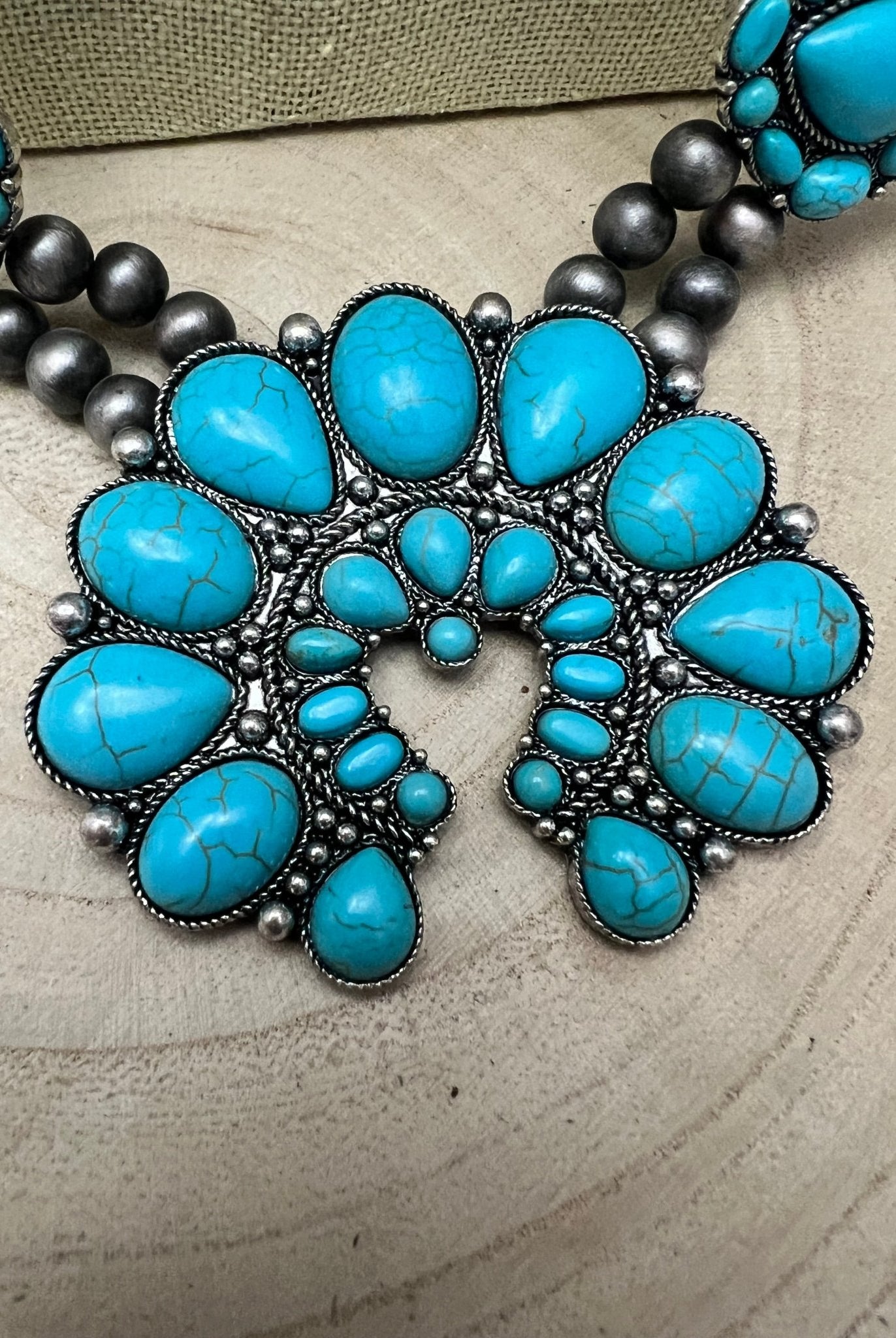 Huge Double Strand Faux Turquoise Squash Blossom Statement Necklace - 32 inch + 3 - Cowhide and Conchos