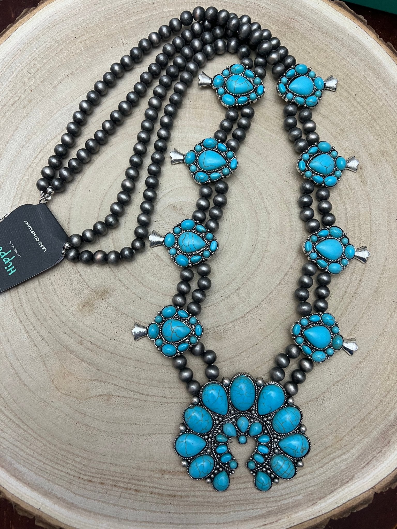 Huge Double Strand Faux Turquoise Squash Blossom Statement Necklace - 32 inch + 3 - Cowhide and Conchos