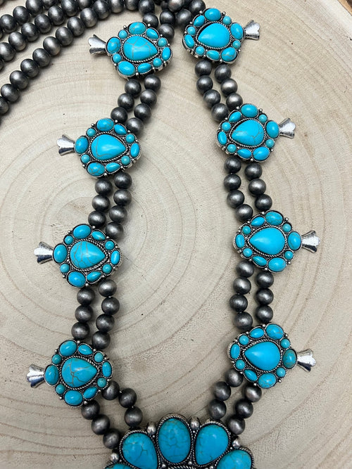 Huge Double Strand Faux Turquoise Squash Blossom Statement Necklace - 32 inch + 3 - Cowhide and Conchos