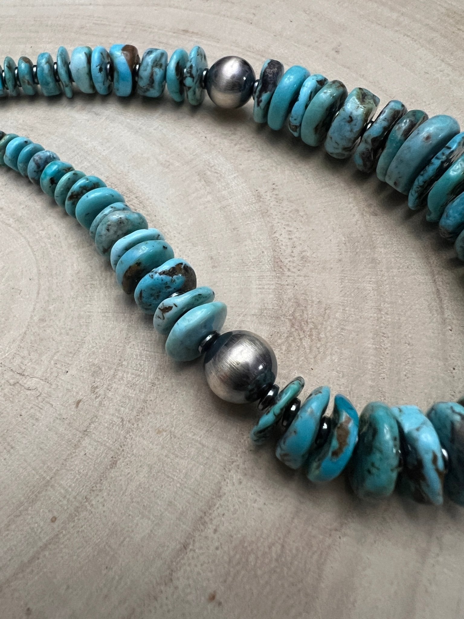 Ice Blue Turquoise Graduated Necklace – Sterling Silver & Hematite - 23 inch - Cowhide and Conchos