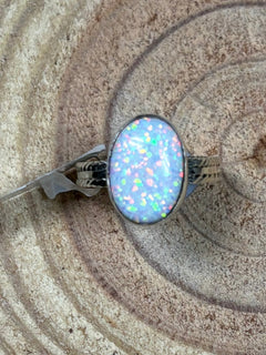 Isabelle Yazzie Navajo Handmade Sterling Silver Opal Ring - Size 7 - Cowhide and Conchos