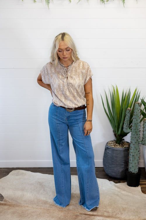 Ivory Boot Stitch Top - Cowhide and Conchos