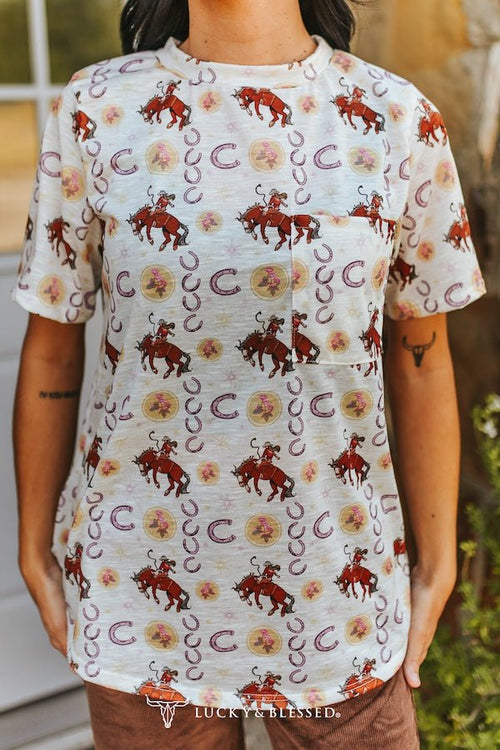 Ivory Cowboy & Horseshoe Printed Short Sleeve Front Pocket Tee - Cowhide and Conchos