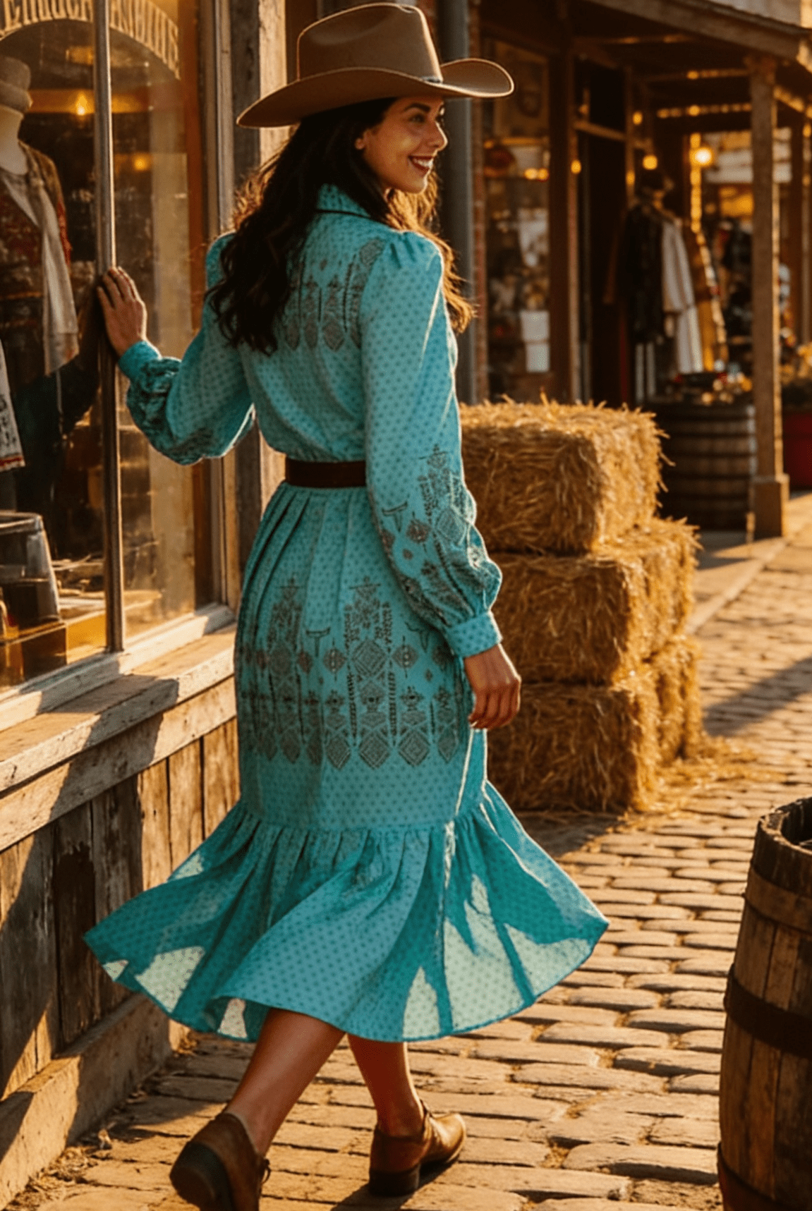 Jade Aztec Pearl Snap Button Down Pleated Dress - Cowhide and Conchos