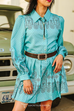 Jade Aztec Pearl Snap Button Down Pleated Dress - Cowhide and Conchos