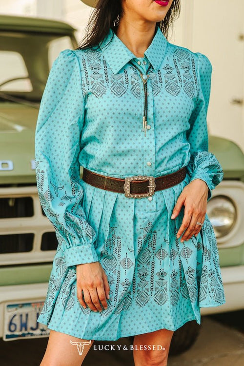 Jade Aztec Pearl Snap Button Down Pleated Dress - Cowhide and Conchos