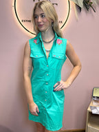 Jade Pearl Snap Button Down Floral Embroidered Sleeveless Stretch Tunic Dress - Cowhide and Conchos