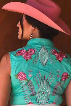 Jade Pearl Snap Button Down Floral Embroidered Sleeveless Stretch Tunic Dress - Cowhide and Conchos