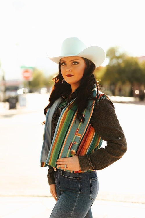 Jade Serape Woven Zip - Up Sleeveless Puffer Vest - Cowhide and Conchos