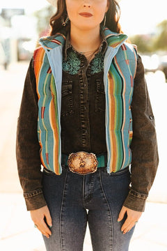 Jade Serape Woven Zip - Up Sleeveless Puffer Vest - Cowhide and Conchos