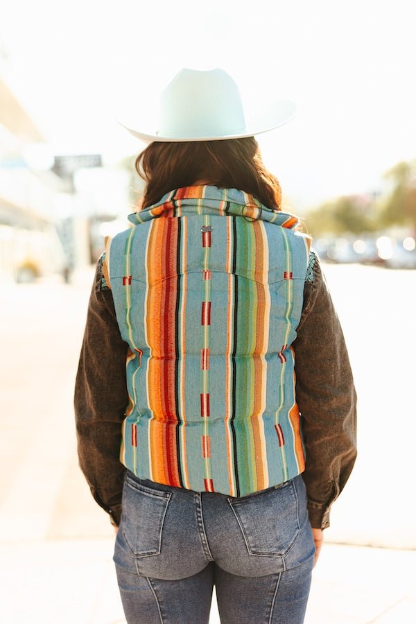Jade Serape Woven Zip - Up Sleeveless Puffer Vest - Cowhide and Conchos