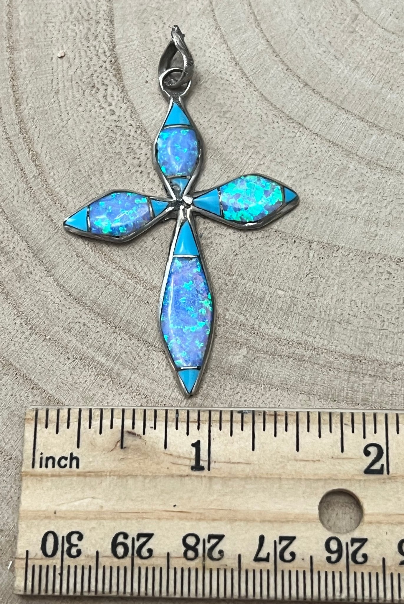 James Kee Turquoise and Opalite Inlay Cross Pendant - Cowhide and Conchos