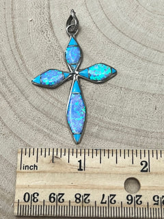 James Kee Turquoise and Opalite Inlay Cross Pendant - Cowhide and Conchos