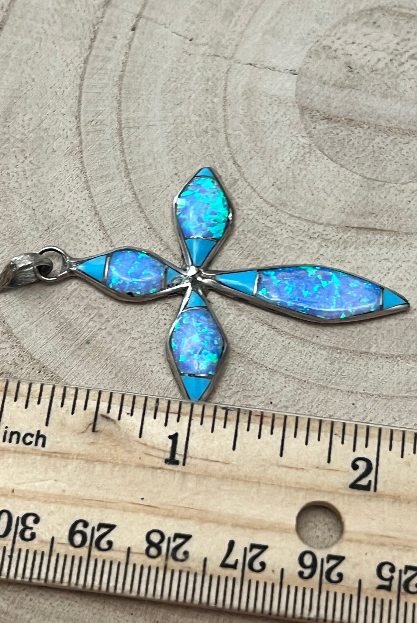 James Kee Turquoise and Opalite Inlay Cross Pendant - Cowhide and Conchos