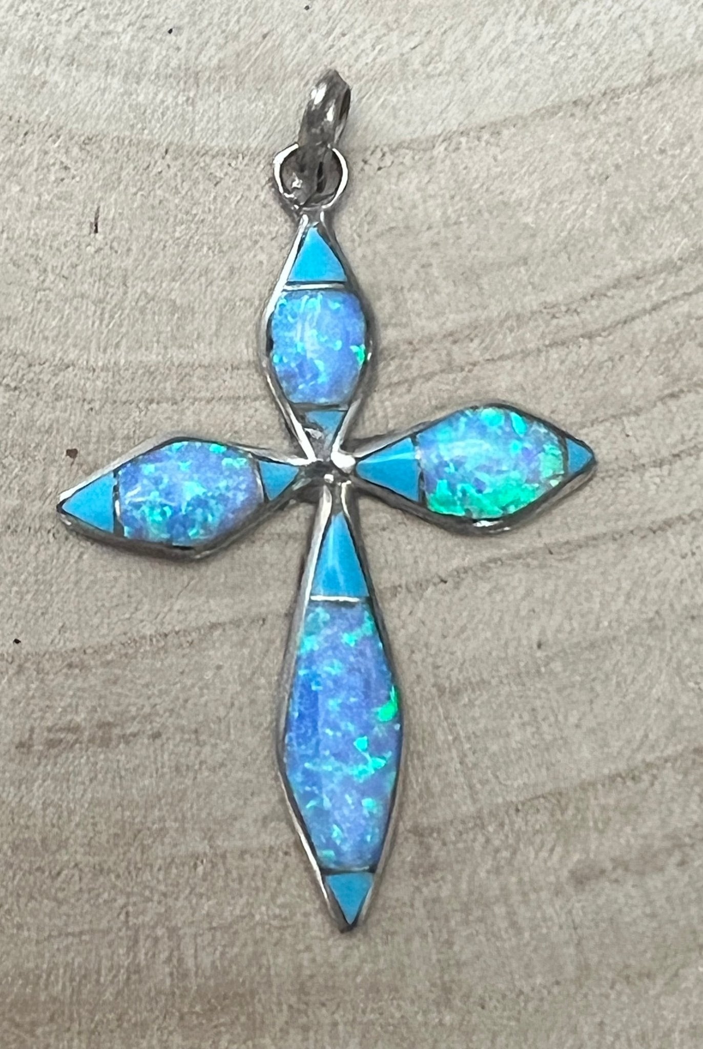 James Kee Turquoise and Opalite Inlay Cross Pendant - Cowhide and Conchos