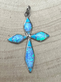 James Kee Turquoise and Opalite Inlay Cross Pendant - Cowhide and Conchos