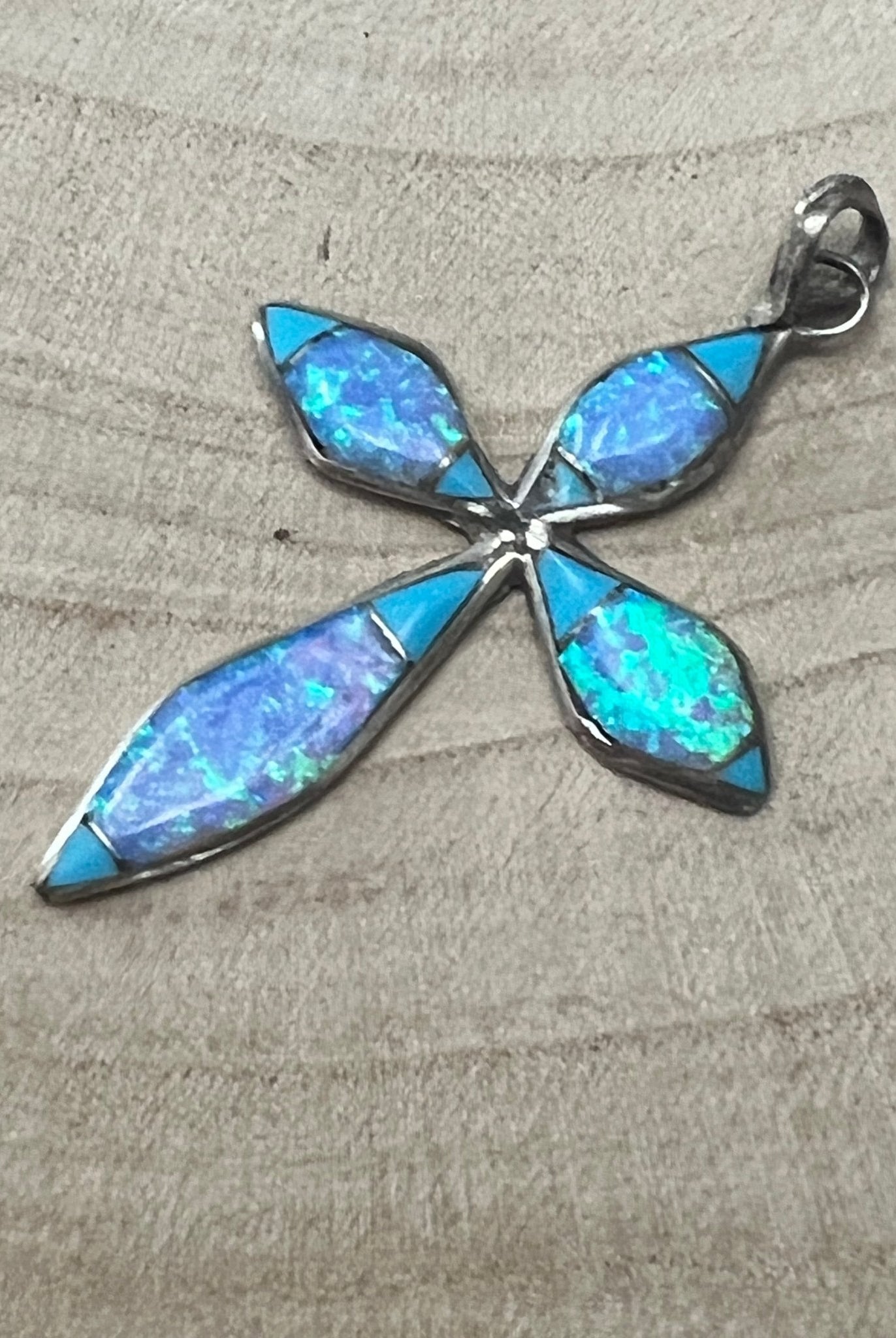 James Kee Turquoise and Opalite Inlay Cross Pendant - Cowhide and Conchos