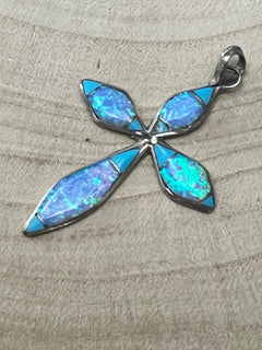 James Kee Turquoise and Opalite Inlay Cross Pendant - Cowhide and Conchos