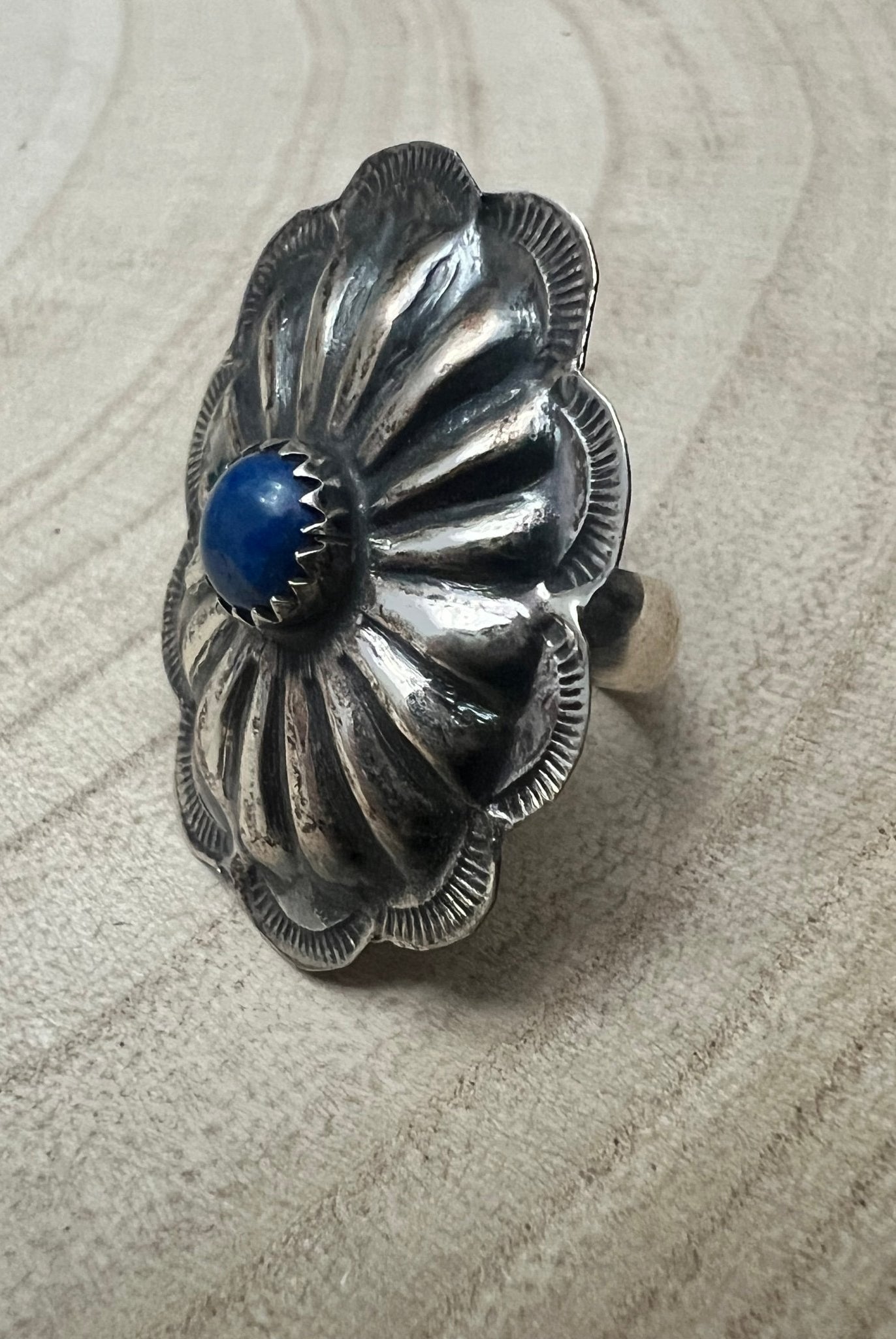 Joanee Silver Lapis Concho Adjustable Ring - Cowhide and Conchos