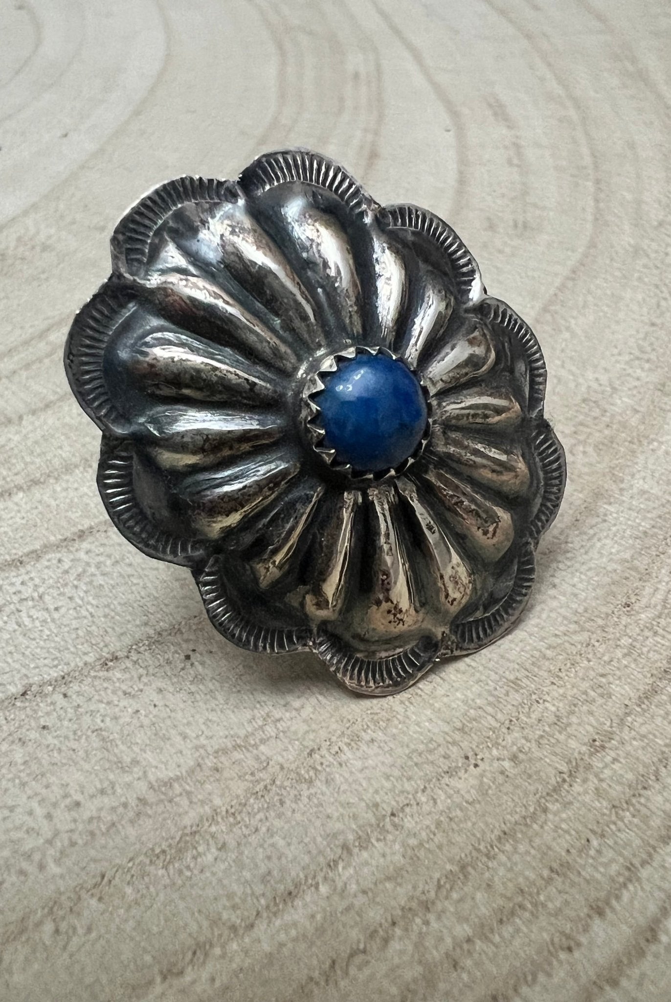 Joanee Silver Lapis Concho Adjustable Ring - Cowhide and Conchos