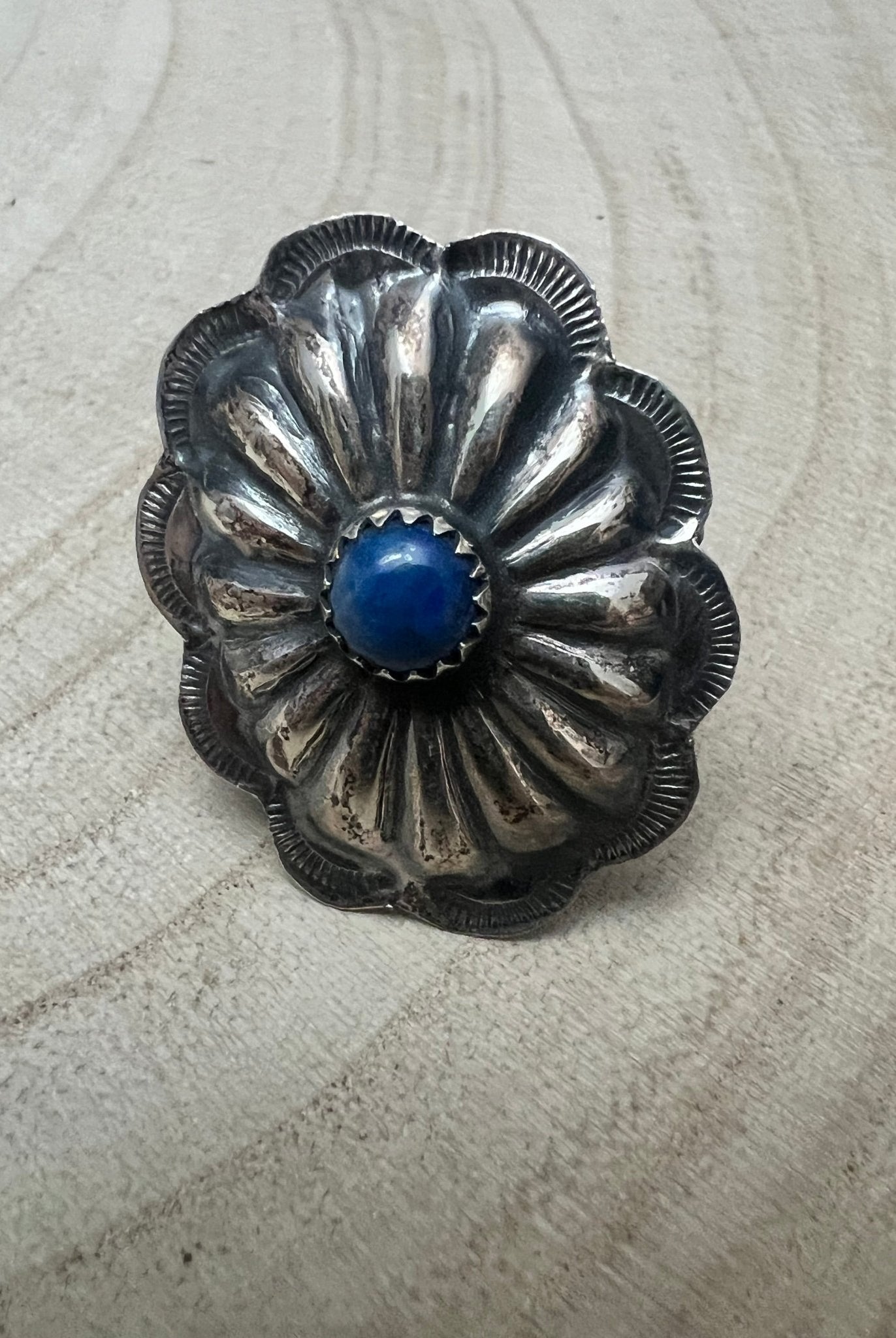 Joanee Silver Lapis Concho Adjustable Ring - Cowhide and Conchos