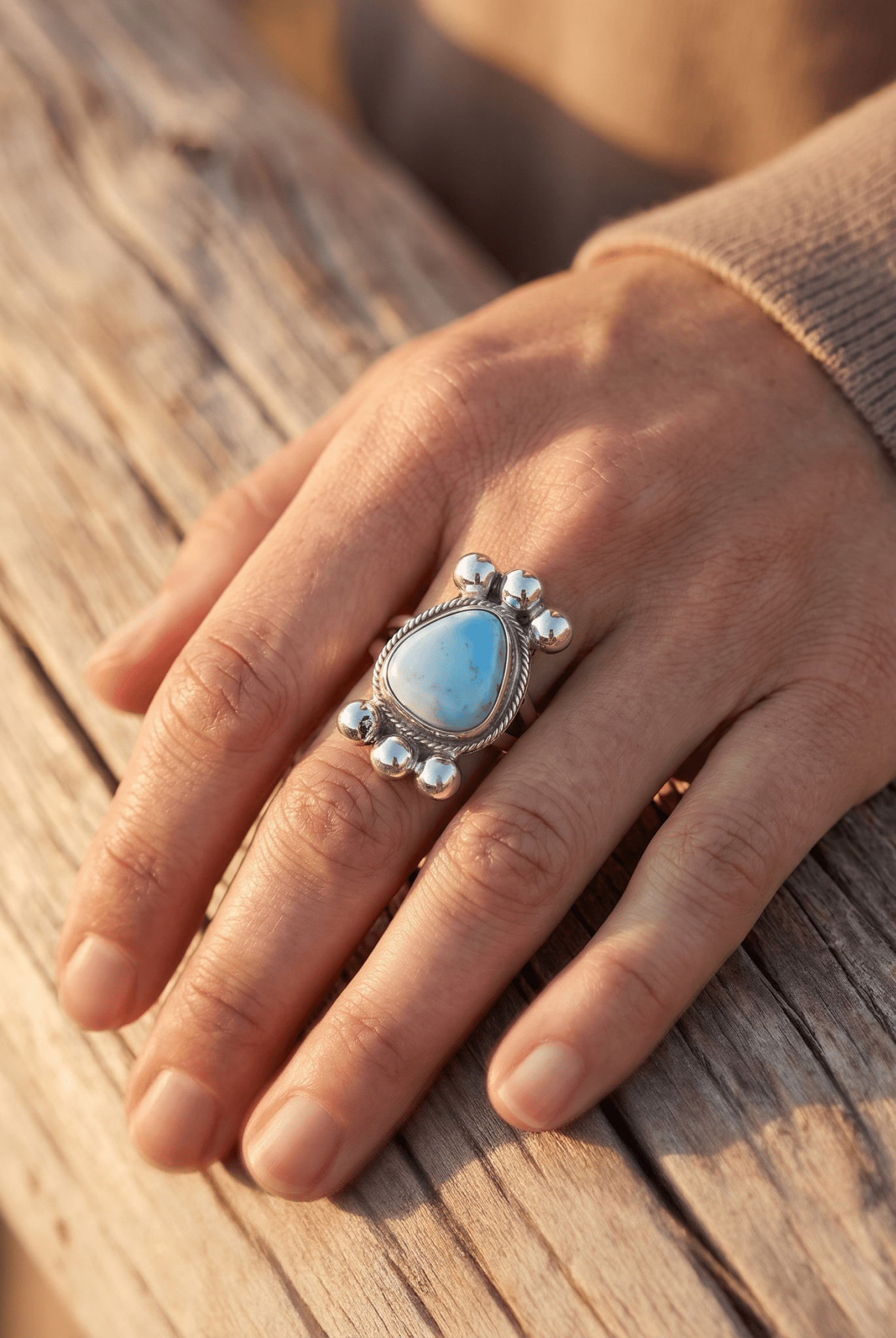 Joelias Draper Navajo Sterling Silver Ring with Golden Hills Turquoise — Adjustable (Hallmarked Draper) - Cowhide and Conchos