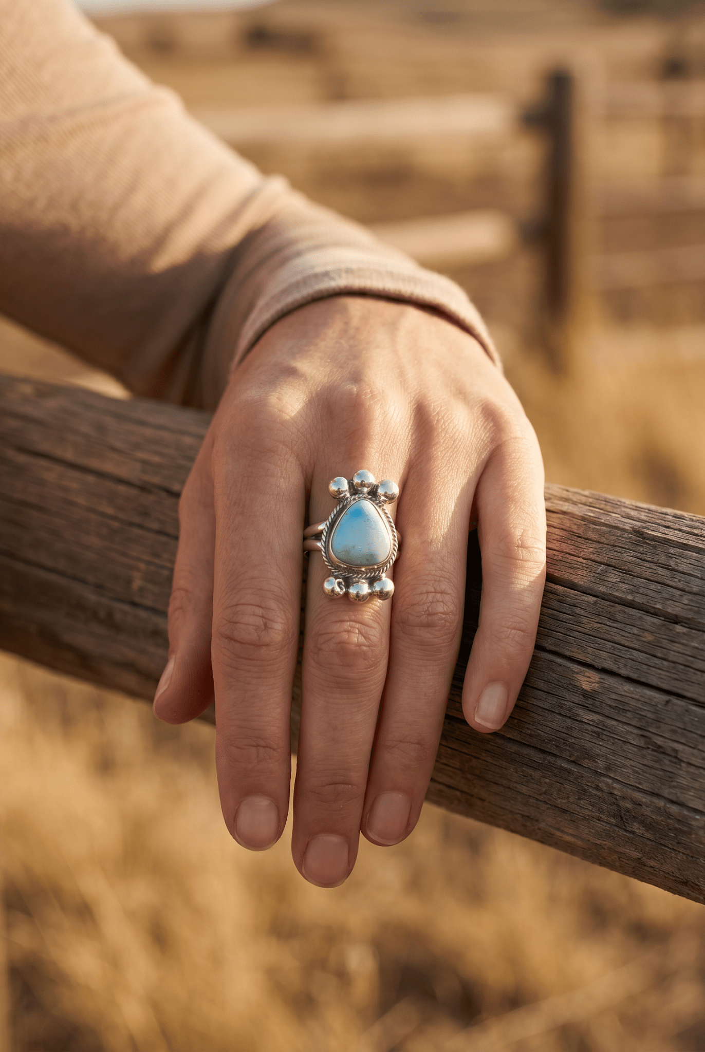 Joelias Draper Navajo Sterling Silver Ring with Golden Hills Turquoise — Adjustable (Hallmarked Draper) - Cowhide and Conchos