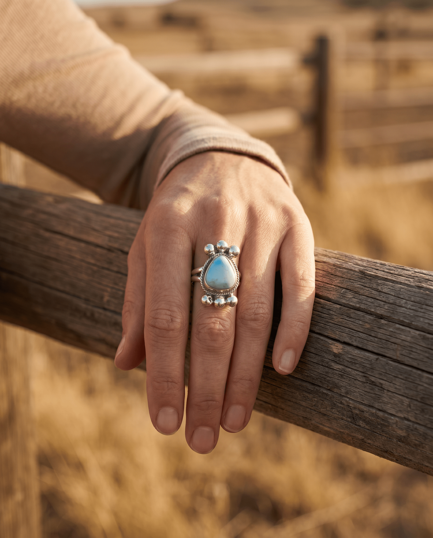 Joelias Draper Navajo Sterling Silver Ring with Golden Hills Turquoise — Adjustable (Hallmarked Draper) - Cowhide and Conchos