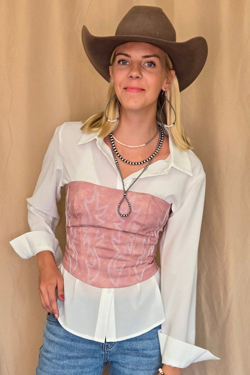 Jolene Embroidered Western Corset Top - 3 colors - Cowhide and Conchos