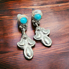 Judy Largo Turquoise & Sterling Silver Earrings - Cowhide and Conchos