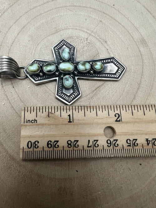 June Delgarito Navajo Handmade Palomino Cross Pendant - Cowhide and Conchos