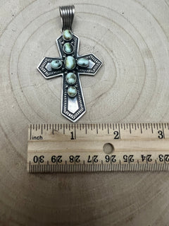 June Delgarito Navajo Handmade Palomino Cross Pendant - Cowhide and Conchos