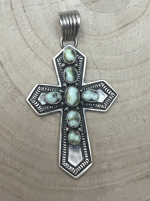 June Delgarito Navajo Handmade Palomino Cross Pendant - Cowhide and Conchos