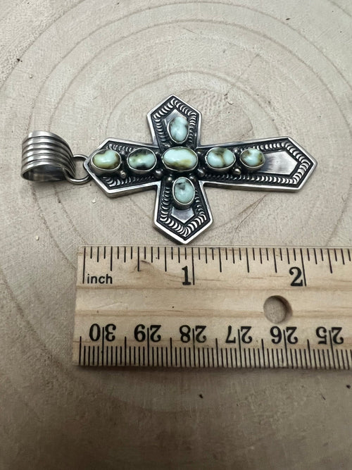 June Delgarito Navajo Handmade Palomino Cross Pendant - Cowhide and Conchos