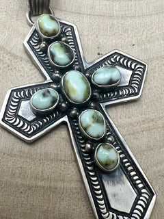 June Delgarito Navajo Handmade Palomino Cross Pendant - Cowhide and Conchos