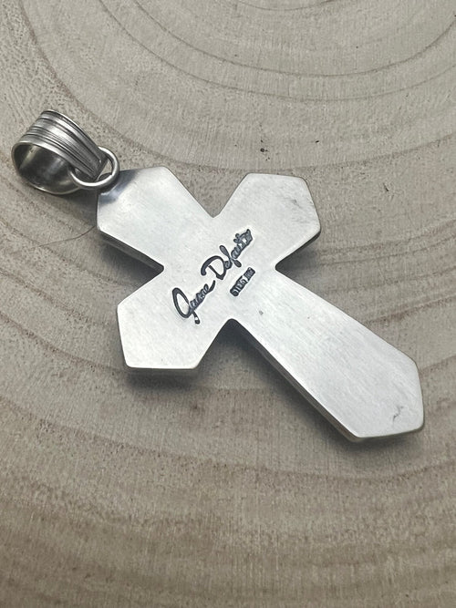 June Delgarito Navajo Handmade Palomino Cross Pendant - Cowhide and Conchos