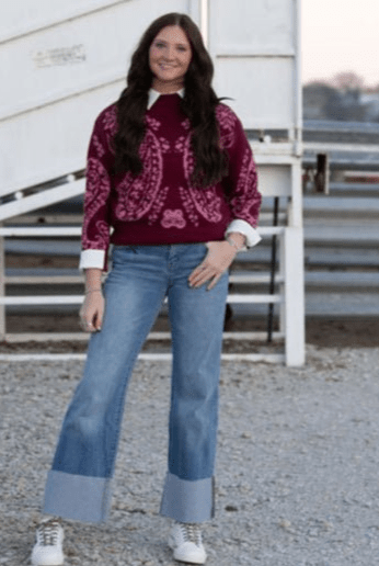 Kan Can Mid Rise Wide Flare Cuff Jeans - Cowhide and Conchos