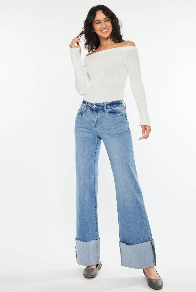 Kan Can Mid Rise Wide Flare Cuff Jeans - Cowhide and Conchos
