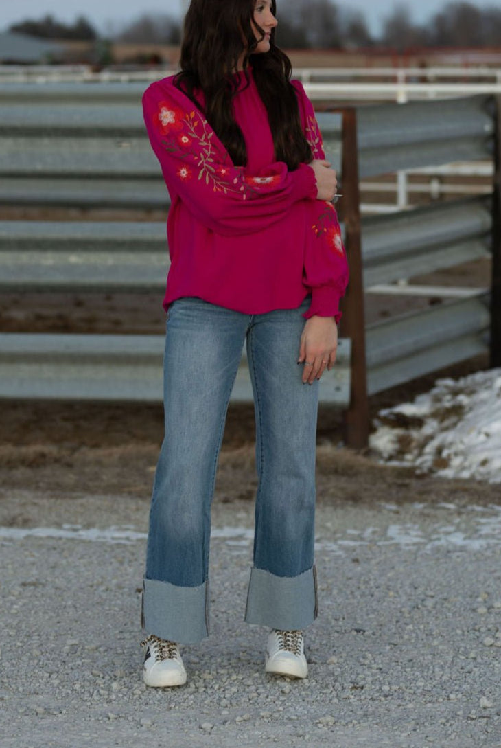 Kan Can Mid Rise Wide Flare Cuff Jeans - Cowhide and Conchos