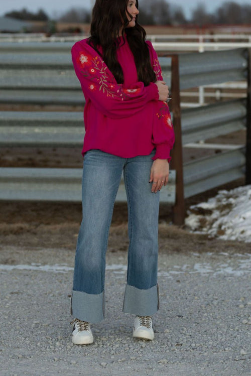 Kan Can Mid Rise Wide Flare Cuff Jeans - Cowhide and Conchos