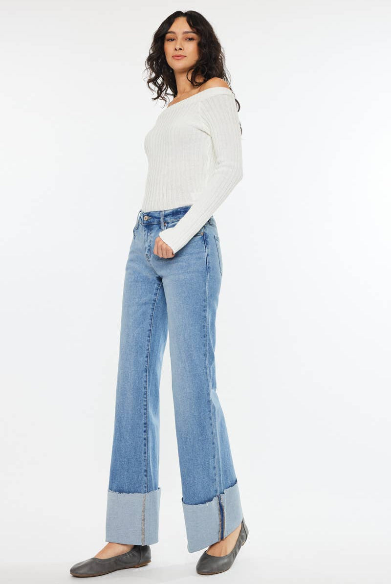 Kan Can Mid Rise Wide Flare Cuff Jeans - Cowhide and Conchos