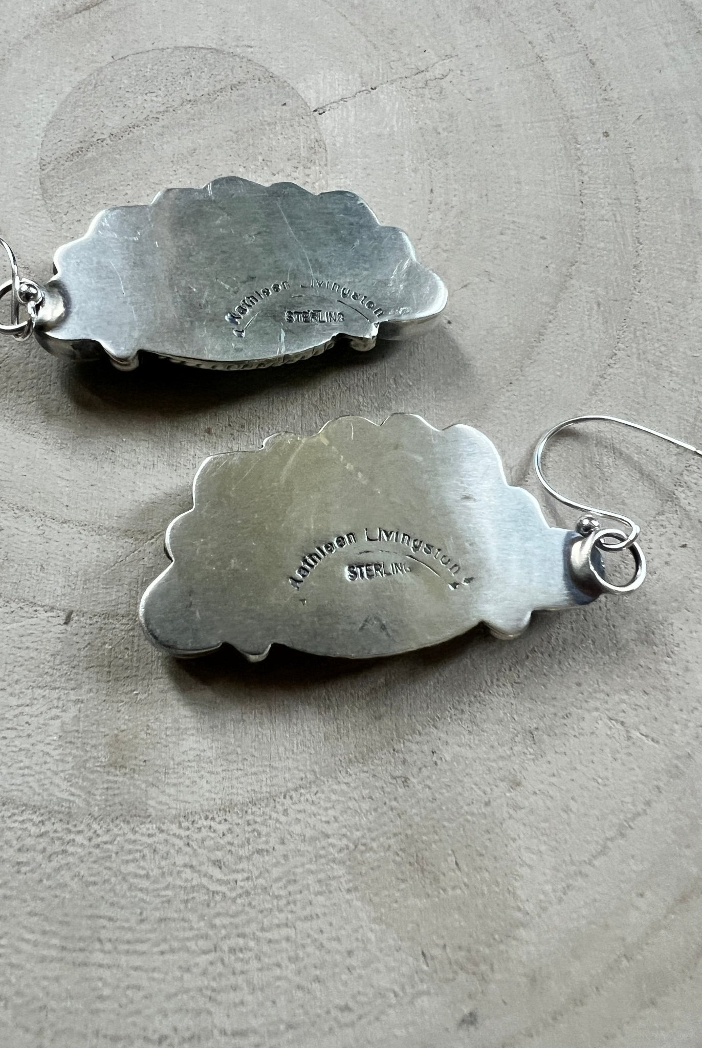 Kathleen Livingston Navajo Sterling Silver Earrings with Sonoran Gem Turquoise — 2" × 3/4" (Hallmarked) - Cowhide and Conchos