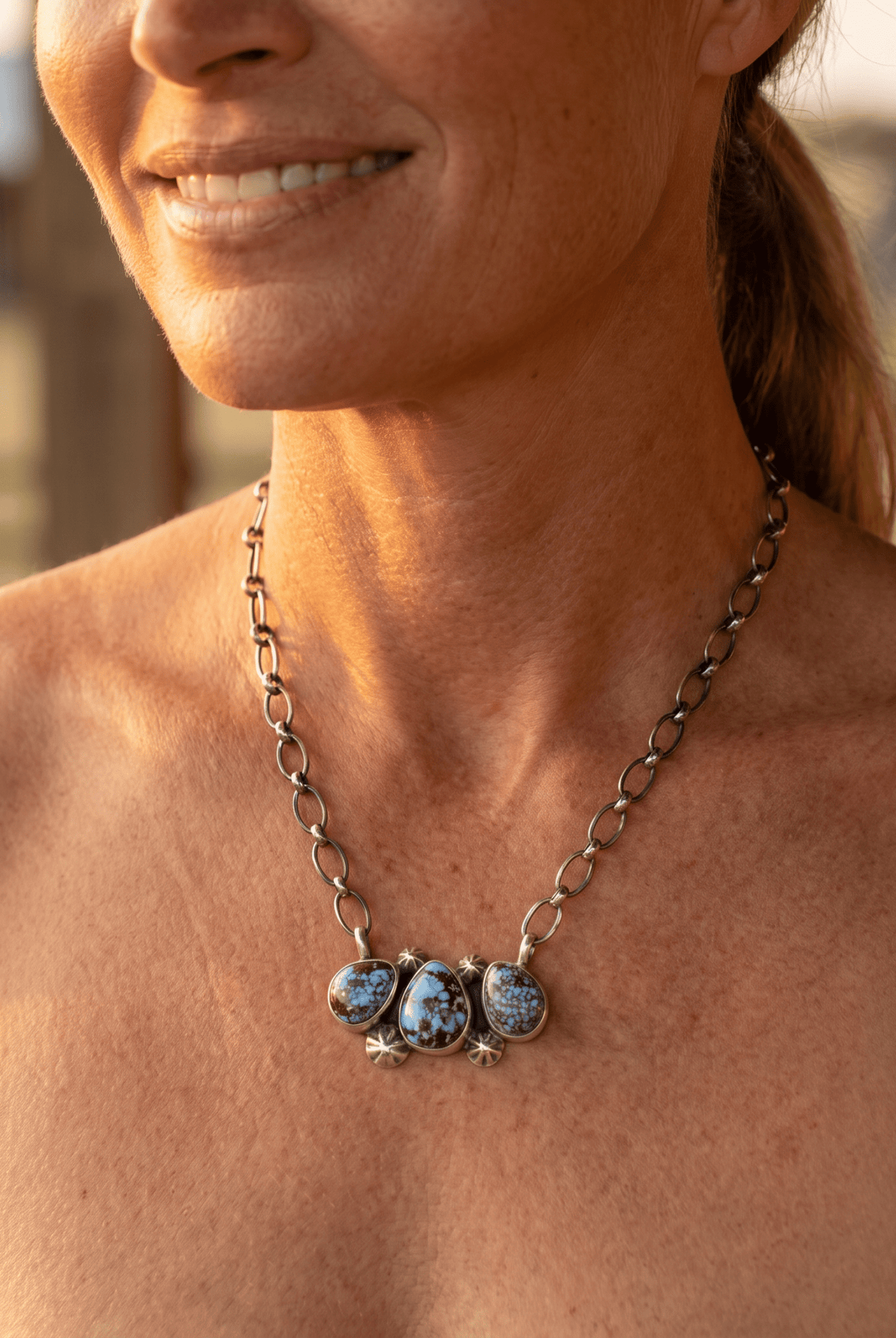 Kathleen Livingston Navajo Sterling Silver Necklace with Golden Hills Turquoise — 18" with 5/8" × 1 1/4" Pendant (Hallmarked, Heirloom) - Cowhide and Conchos
