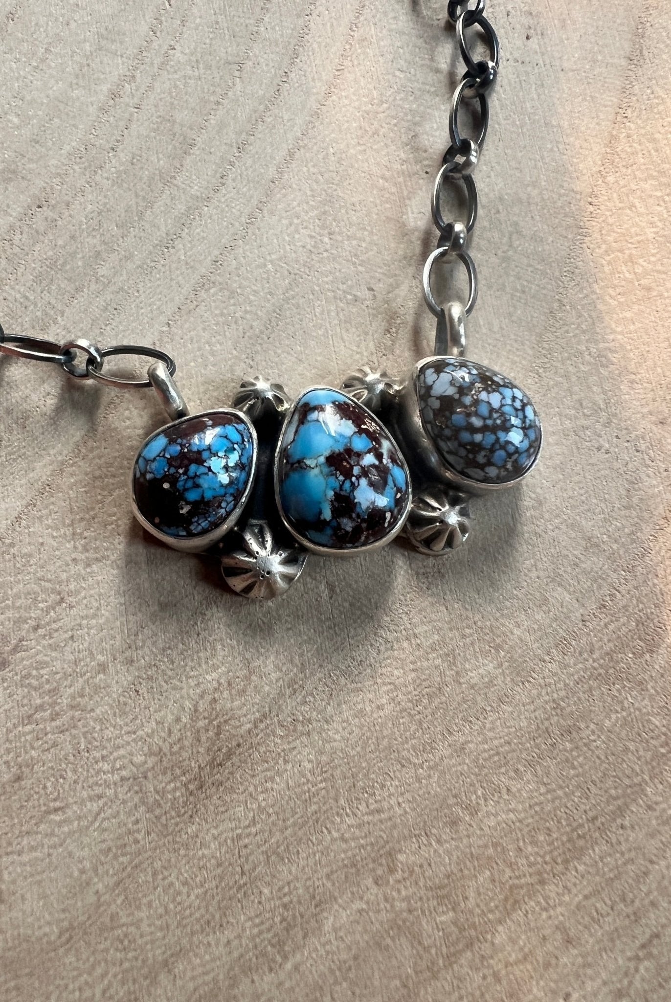 Kathleen Livingston Navajo Sterling Silver Necklace with Golden Hills Turquoise — 18" with 5/8" × 1 1/4" Pendant (Hallmarked, Heirloom) - Cowhide and Conchos