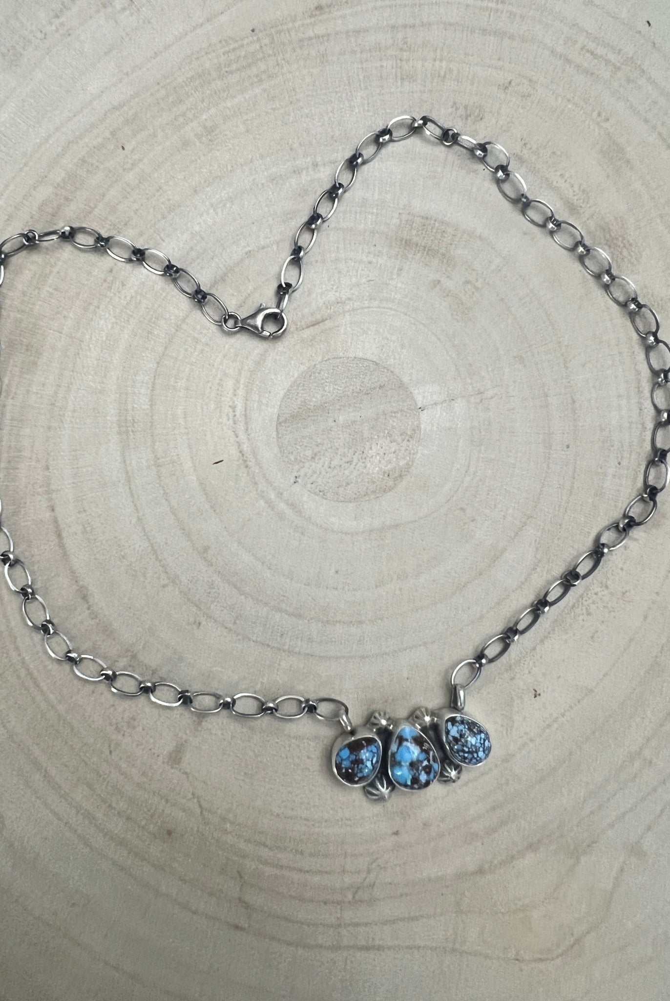 Kathleen Livingston Navajo Sterling Silver Necklace with Golden Hills Turquoise — 18" with 5/8" × 1 1/4" Pendant (Hallmarked, Heirloom) - Cowhide and Conchos